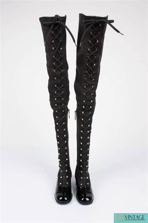 black chanel thigh high boots|More.